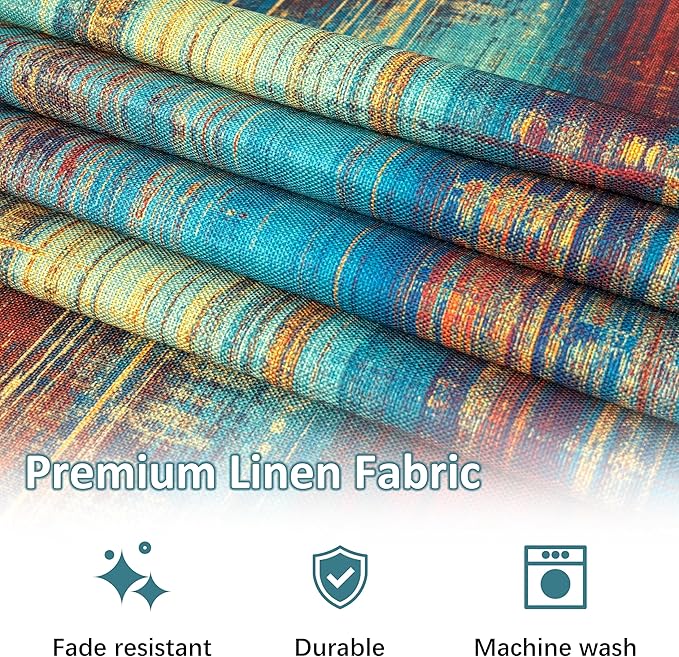 Blue and Orange Table Runner and Placemats Set of 6 Farmhouse Washable Linen Place Mats Rustic Abstract Art Table Decor for Kitchen Dining Coffee Outdoor Party (Orange and Blue, 13"x71"+12"x18")