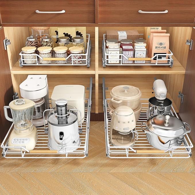 Pull out Cabinet Organizer, 12"W X 21"D, Heavy Duty Smooth Sliding Under Cabinet Shelves for Pots and Pans, Full-Extension Roll out Drawers, Slide out Organization for Home Kitchen Pantry, White