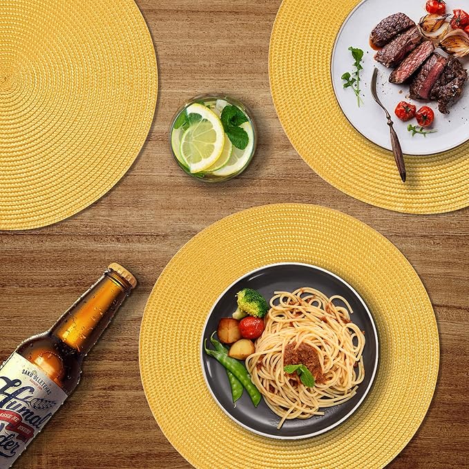 FunWheat Round Braided Placemats Set of 6 Table Mats for Dining Tables Woven Washable Non-Slip Place mats 15inch for Spring(Yellow, 6pcs)