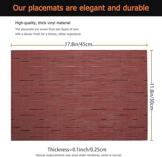 Placemats Set of 6 Washable&Wipeable Place mats for Dining Table Kitchen Indoor Outdoor Table Mats Heat Resistant Non Slip Woven Vinyl Table Placemats (Red，6PCS)