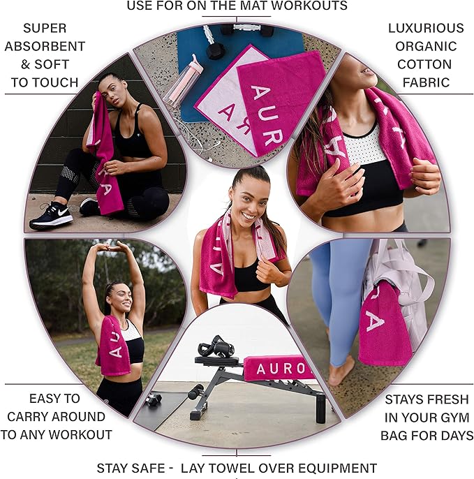 Fuchsia Hot Pink Gym and Yoga Towel for Women - 100% Silver Infused Organic Cotton Pilates Towel, 500 GSM, 31.5"x15.75" - Soft Absorbent Sweat Towels for Workouts Without the Smell