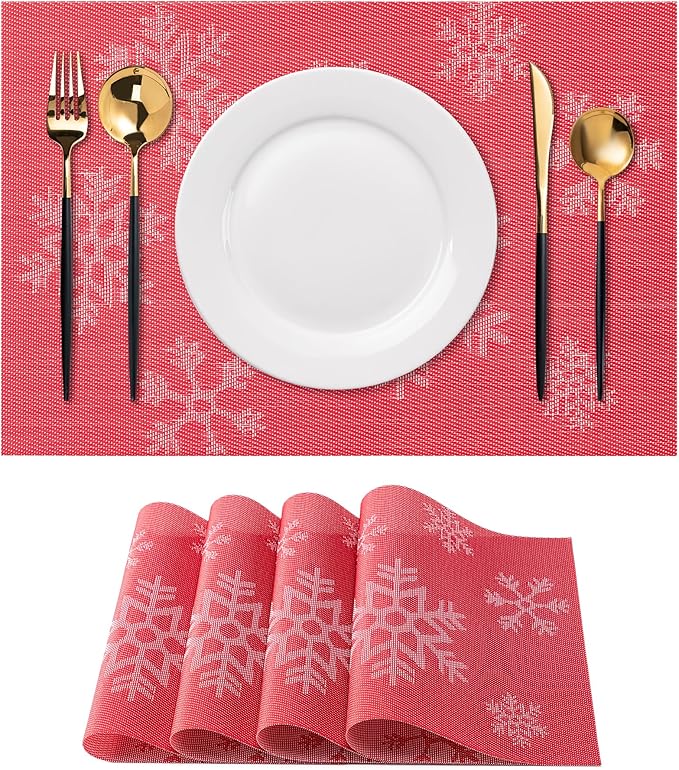 CADONO Placemats Set of 4 Washable Indoor/Outdoor Vinyl Place Mats for Dining Table Durable Non-Slip Heat Resistant PVC Weave Table Mats（Christmas Snow-Red）