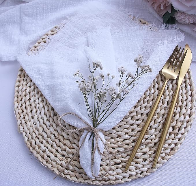 Cloth Napkins with Fringe Set of 12,100% Natural Soft Cotton,Washable Gauze Napkins Great for Weddings Decorative,Dinner Parties,Family Everyday Use (12 Pack, White)