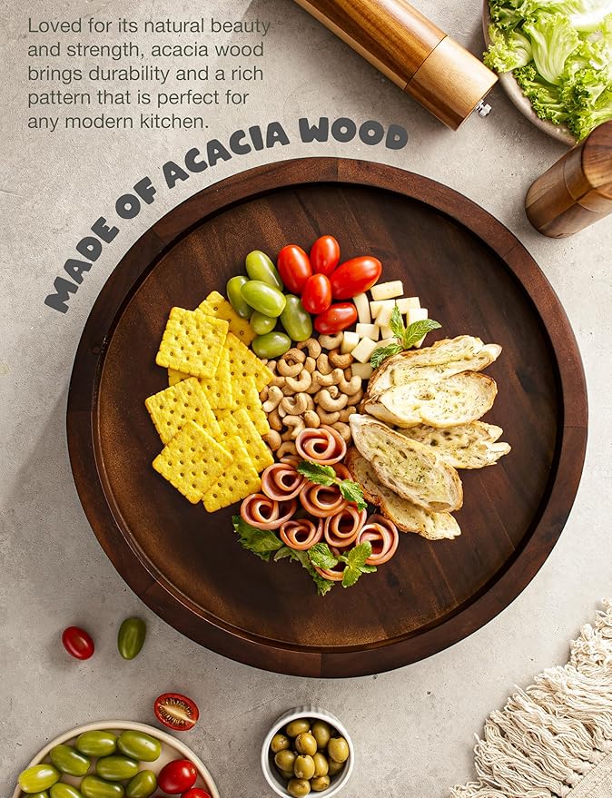 TIDITA 16" Acacia Lazy Susan Turntable for Table - Wooden Charcuterie Boards Cheese Board - Extra Large Lazy Susan Organizer - Kitchen Turntable for Cabinet, Pantry (16 Inch, Walnut)