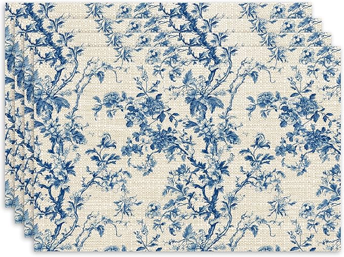 Set of 4 Blue Floral Placemats, 12 x 18 Inch Chinoiserie Rectangle Table Mats, Linen Fabric Placemat for Indoor & Outdoor Kitchen Dining Home Decor -04