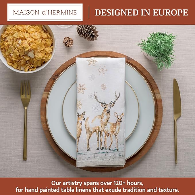 Maison d' Hermine Cloth Napkins Set of 4 100% Cotton for Thanksgiving Christmas Decorations Everyday Reusable Square Fall Napkins Cloth Washable Dinner Party (Deer in The Woods, 20"x20")