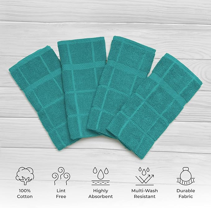 100% Cotton Terry Dish Cloth & Dish Towel (Teal, Dish Towel - 4 Pack(Solid))