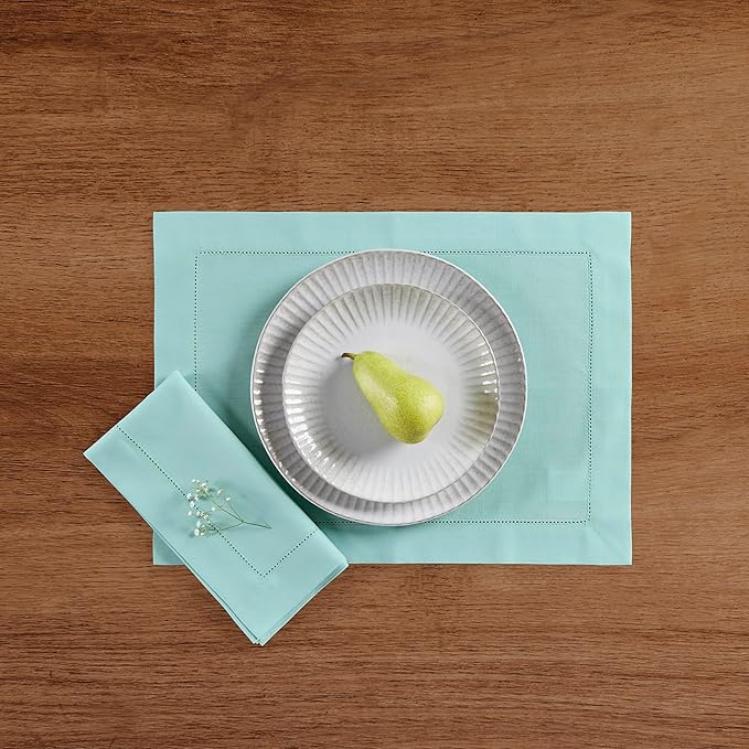 Solino Home Cotton Linen Placemats Set of 4 - Hemstitch Pastel Turquoise Placemats 14 x 19 Inch - Machine Washable Table Mats for Spring, Summer, Mothers Day
