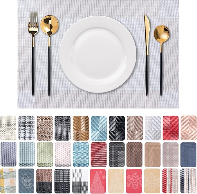 CADONO Placemats Set of 6 Washable Indoor/Outdoor Vinyl Place Mats for Dining Table Durable Non-Slip Heat Resistant PVC Weave Table Mats（Four-Corner-Beige）