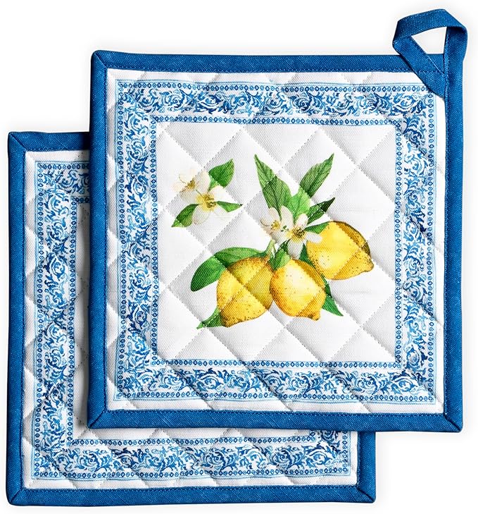 Maison d' Hermine Pot Holders 100% Cotton Heat Resistant Potholders 8" x 8" Hot Pads with Loop BBQ Cooking Baking Gifts for Mothers Day Handling Hot Pans Spring/Summer (Pack of 2, Cedrat)