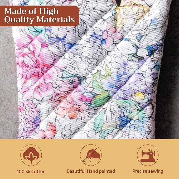 Maison d'Hermine Oven Gloves 100% Cotton Oven Mitt 7" x 13" with Loop Heat Resistant BBQ Cooking Gloves Baking Grilling Gifts for Mothers Day Spring/Summer (Pack of 1, Floral Love)