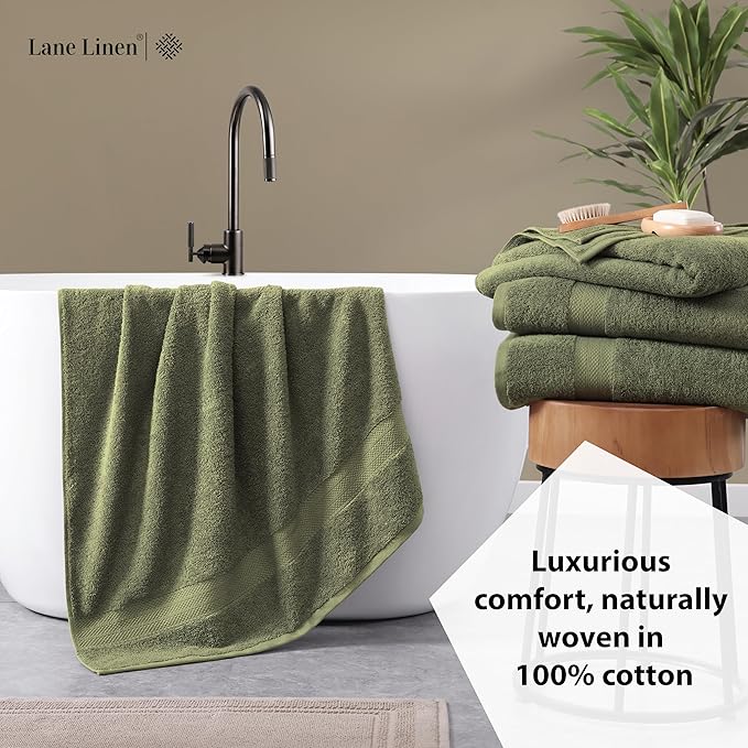 LANE LINEN 4 PCs Bath Towels Set (28"x54") - 100% Ring Spun Cotton Bathroom Towels Set - Quick Dry, Ultra Soft & Absorbent, Durable Large Bath Towels - Tumble Dry Regains Fluffiness - Oil Green