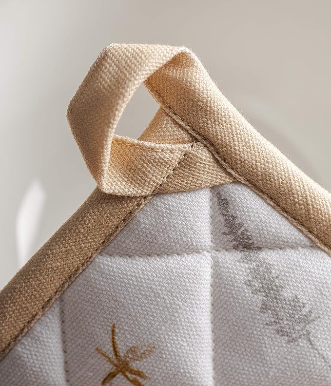 Maison d' Hermine Pot Holders 100% Cotton Heat Resistant Potholders 8" x 8" Hot Pads with Loop Baking Gifts for Mothers Day Handling Hot Pans Spring/Summer (Pack of 2, Meadow Florals - Beige)