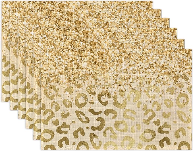 Gold Glitter Leopard Placemats Set of 6 Place Mats for Kitchen Table Washable Farmhouse Linen Table Mats Dining Decoration 12x18 Inch