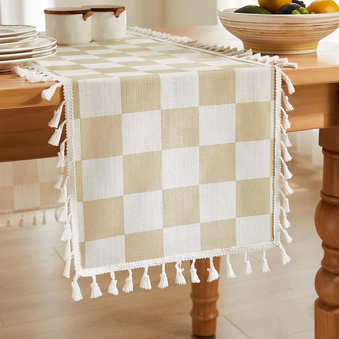 Ohocut Beige Checkered Table Runner with Tassel Farmhouse Rustic Vintage Aesthetic Cute Retro Cotton Linen Table Runner 72 Long for Dinning Race Party Decoration 13''x72''
