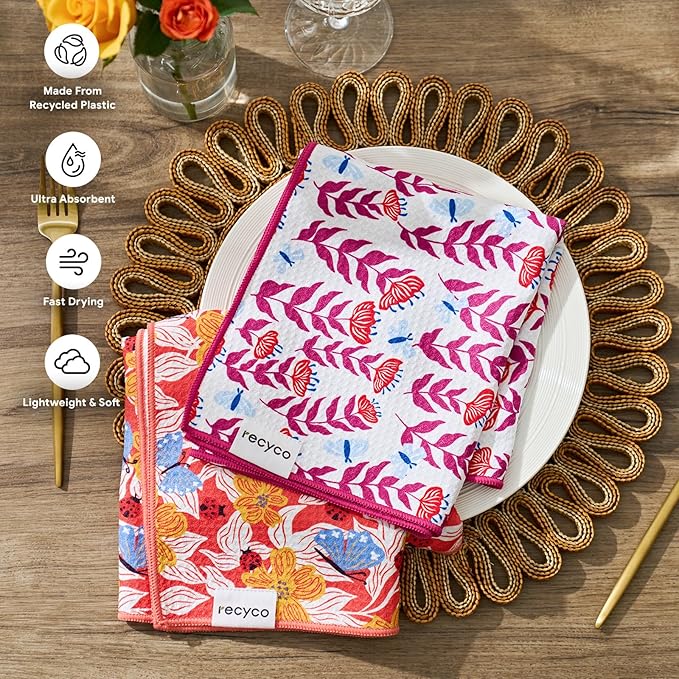 RECYCO Waffle Kitchen Towel Set of 2 - Quick Dry Microfiber Sustainable Dish Towels - Absorbent Reusable Cleaning Tea Towels - Lightweight Hand Towels,16”x 28”, Blossom Brilliance Pink