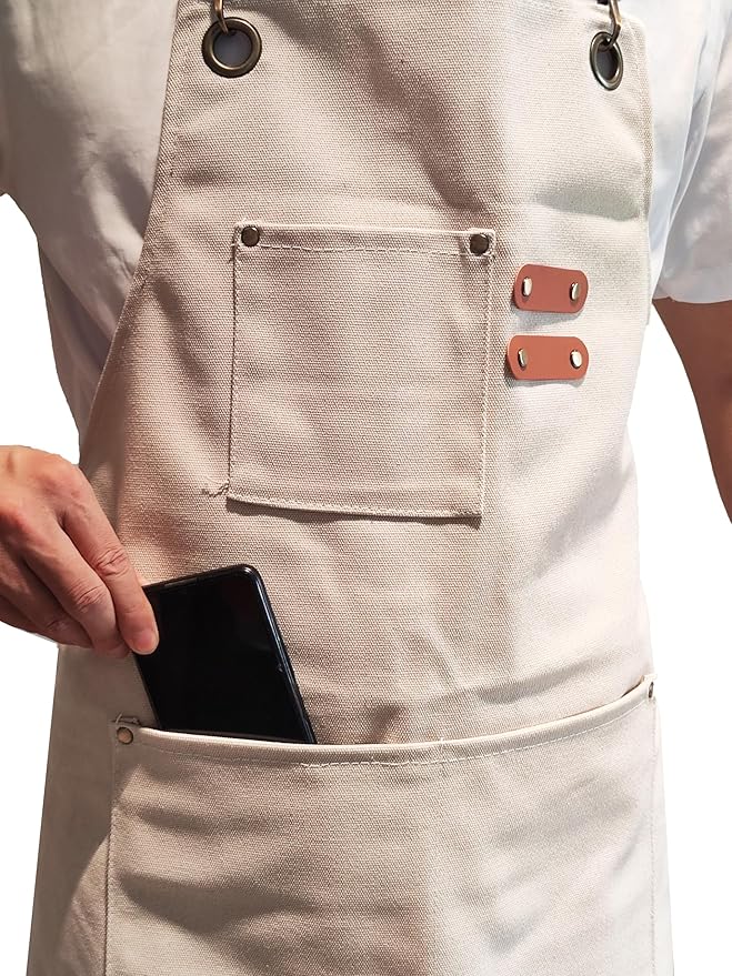 Chef Apron with Large Pockets for Women Men, Cotton Canvas Cross Back Water Repellent Adjustable Work Apron