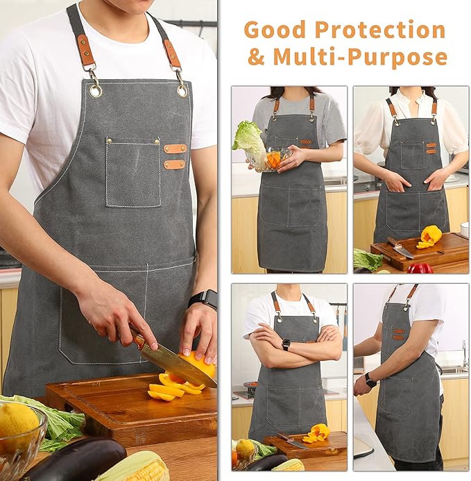 Tosewever 2 Pack Canvas Cross Back Chef Apron for Men Women with Pockets, Cotton Tool Aprons for Cooking Kitchen BBQ Artist