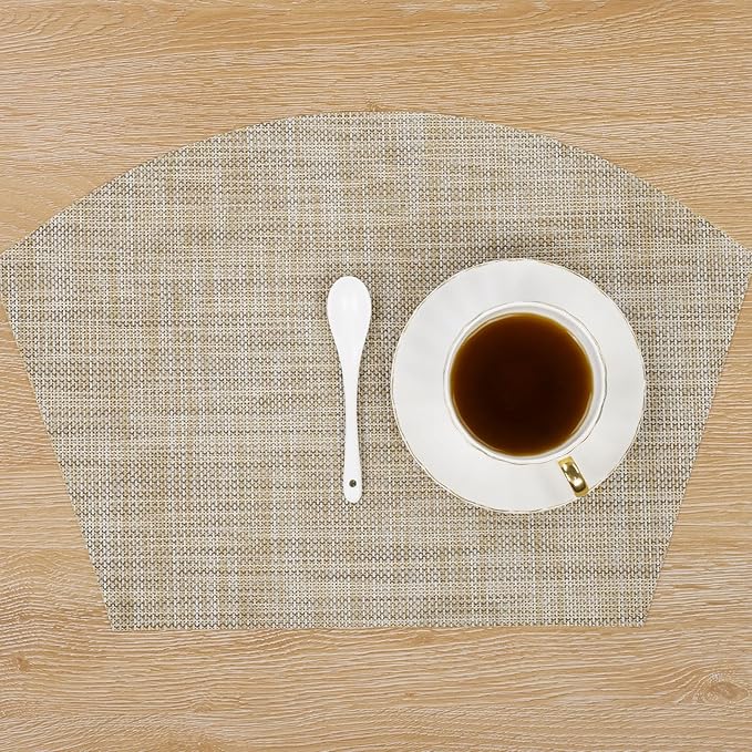 SHACOS Wedge Placemats Set of 4 for Small Round Table Woven Vinyl Curved Placemats Wipe Clean Circle Table Mats Indoor Outdoor, Beige