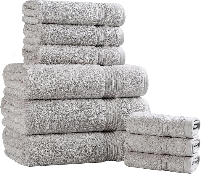 Superior Egyptian Cotton 9-Piece Towel Set, Assorted Towels for Home Bathroom, Guest Bath Decor Essentials, Includes 3 Bath, 3 Hand, 3 Face Towels/Washcloths, Quick Dry, Absorbent - Silver