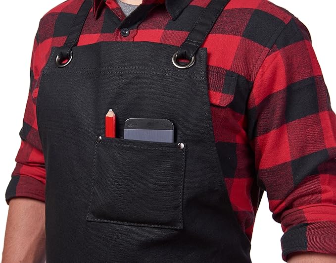 Hudson Durable Goods Heavy Duty Waxed Canvas Apron for Men and Women, Adjustable Crossback Work Apron with Tool Pockets, Water-Resistant - Fits up to XXL, Black