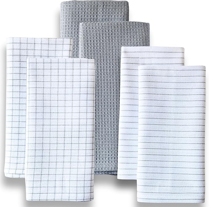 Highly Absorbent Cotton Kitchen Towels for Drying Dishes - Set of 6 Dish Towels - Narrow Light Gray Stripes Plaid Waffle Dishtowels - 18"X28" Large Lint Free Linen Tea Hand Bulk T Towls