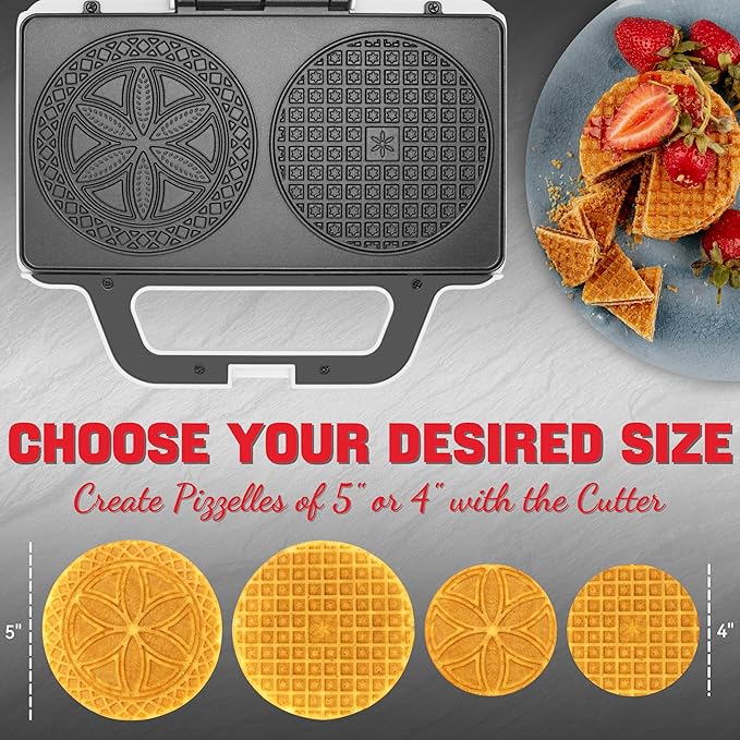 SugarWhisk Pizzelle Maker Electric, Non-stick Stroopwafel Iron, 2 X 5" Cookie Machine for Christmas, 4" Mold Included, White