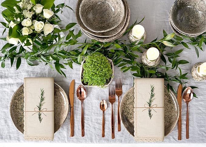 Hausattire Cloth Napkins 12 Pack 20x20 Inches Flax Cotton Washable and Reusable Table Dinner Napkins with Lace for Hotel,Easter Basket Decor| Highly Absorbent Cloth Napkins|Natural