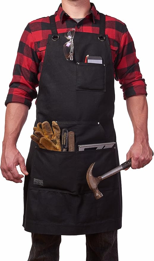 Hudson Durable Goods Heavy Duty Waxed Canvas Apron for Men and Women, Adjustable Crossback Work Apron with Tool Pockets, Water-Resistant - Fits up to XXL, Black
