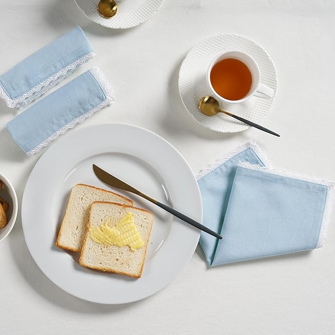 Fingercraft Dinner Cloth Napkin Cotton Linen Blend 12 Pack 12In Mitered Corners with Elegant Lace for Everyday Use Napkins Cloth are Pre Shrunk and Good Absorbency Sky Blue Easter Color
