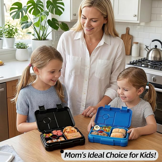 Bento Lunch Box for Kids, 6 Compartments BPA Free, Dishwasher Safe Back to School Snack Bento Lunch Containers Boxes, Ideal Portion Sizes for On-the-Go Meal, Ages 3+, School, Black