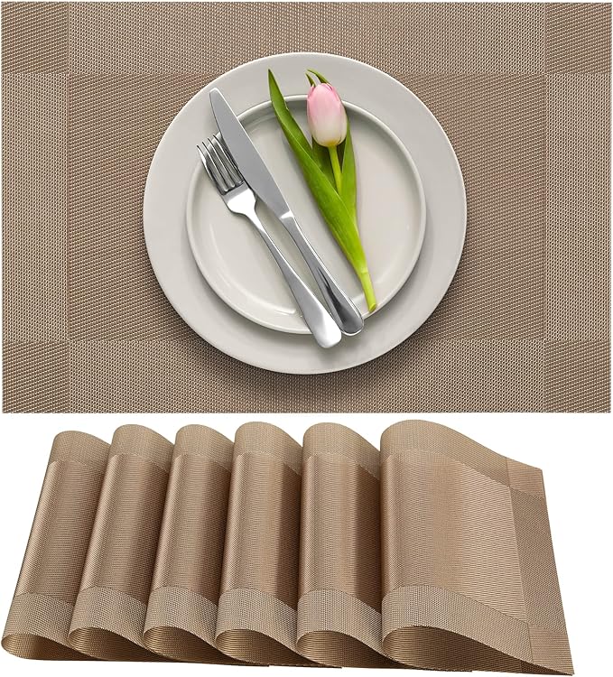 More Décor Dining Table Placemats, Washable Heat-Resistant PVC Vinyl Table Mats for Dining Room and Kitchen, Anti-Slip - Set of 4 - Light Brown