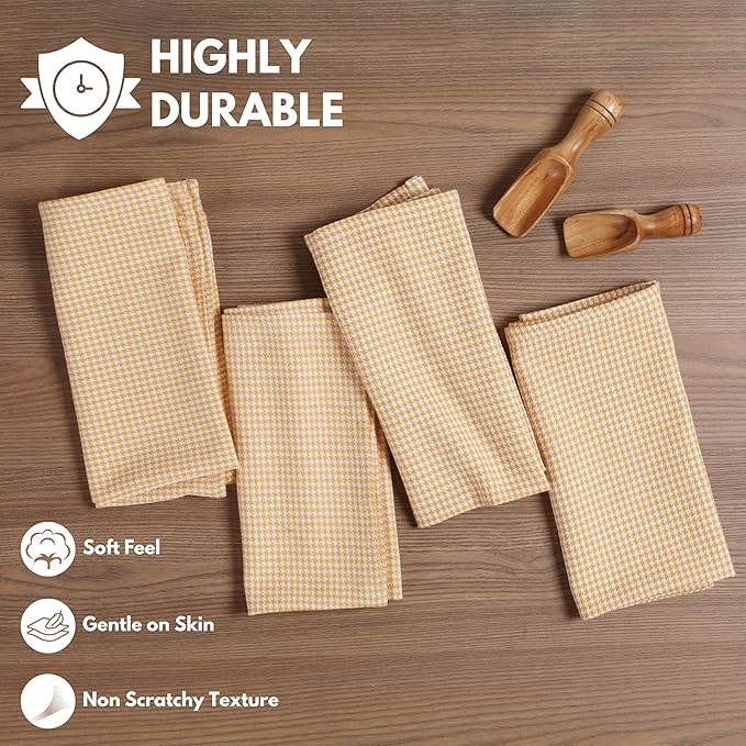 Napkin 100% Cotton Cloth Napkin Decorative Washable Houndstooth Check Napkins Set of 12 for Home, Kitchen, Dining, Cocktail Parties & Camping - Mustard Yellow (18”X18”)
