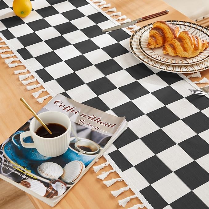 Ohocut Checkered Table Runner with Tassel Black and White Farmhouse Rustic Vintage Retro Linen Table Runner 72 Long for Dinning Race Party Decoration 13''x72''