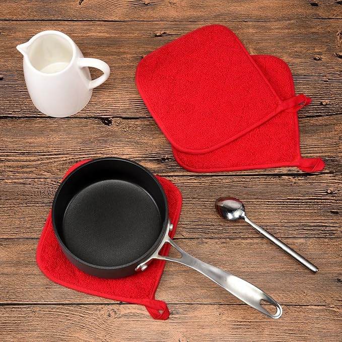 100% Cotton Kitchen Everyday Basic Terry Pot Holder Heat Resistant Coaster Potholder for Cooking and Baking Set of 5 Red