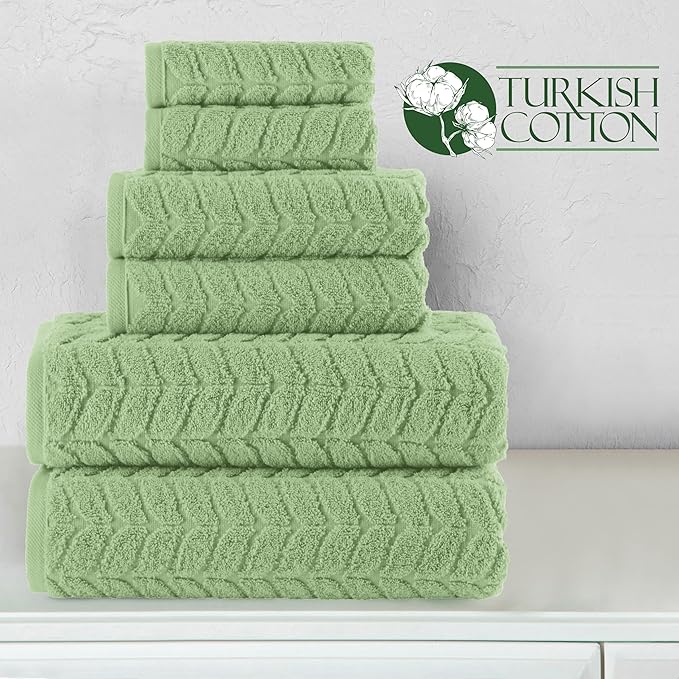 Elegant Comfort Luxury 6-Piece 100% Turkish Cotton Jacquard Braided Textured Premium Hotel Quality Towel Set– Soft and Absorbent, Includes 2 Bath Towels, 2 Hand Towels and 2 Washcloths, Sage