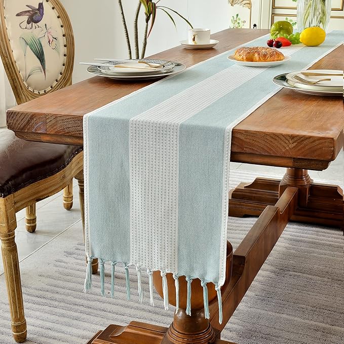 Wracra Linen Table Runner, Farmhouse Macrame Table Runners 60 Inches Long for Dining Table Decor, Wedding, Party and Dresser Decor (Aqua Blue,60")