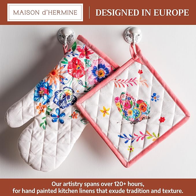 Maison d' Hermine 100% Cotton Oven Mitt & Pot Holder Set (7.5"x13" & 8"x8") Heat Resistant BBQ Cooking Gloves with Loop Baking Gifts for Mothers Day Spring/Summer (Happy Florals - High Summer)