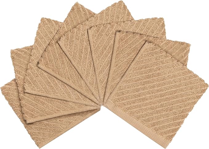 Bumble Towels Premium Kitchen Dish Cloths (12" x 12") | 8 Pack | Diagonal Deluxe Dish Cloth | High Absorbent Tea Towels Set | Tan