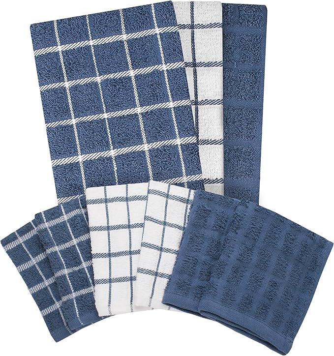 Ritz Premium 3-Pack Kitchen Towel & 6-Pack Dish Cloth Set - Highly Absorbent, Super Soft, Long-Lasting, 100% Cotton Terry Drying Cleaning Cloths, Federal Blue