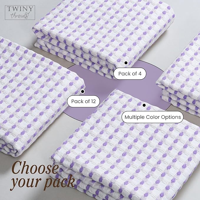 TWINY threads Waffle Weave Kitchen Towels Set of 4, Premium 100% Cotton, 16x26 Inches Dishcloths Pack, Ultra Absorbent & Quick Dry Wash Rags for Home Kitchens, Lavender, White