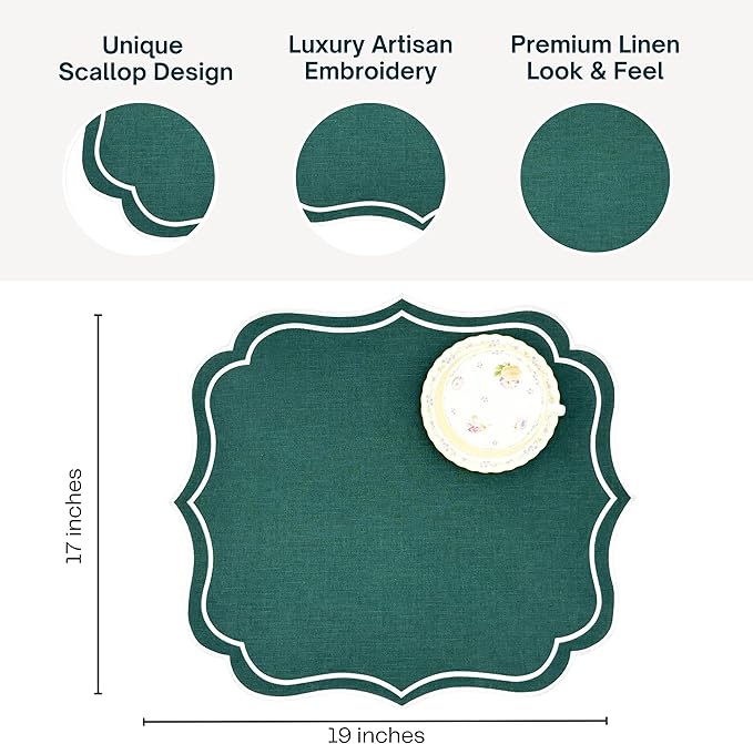 Cotton Linen Placemats Set of 4 - Double Layered, Machine Washable, Wrinkle Resistance, Scalloped & Embroidered Cloth Table Mats - Spring, Summer Mat, Gift for Mom, 19 x 17 inch, Green