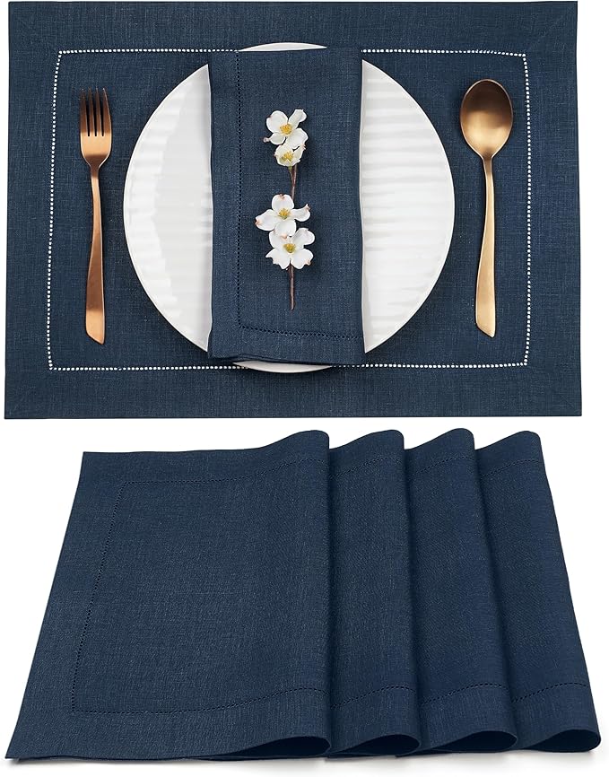 D'Moksha Homes Linen Placemats Set of 4 - Classic Hemstitch Navy Blue Placemats 14 x 19 Inch - 100% Pure Linen Table Mats for Spring - Handcrafted and Machine Washable