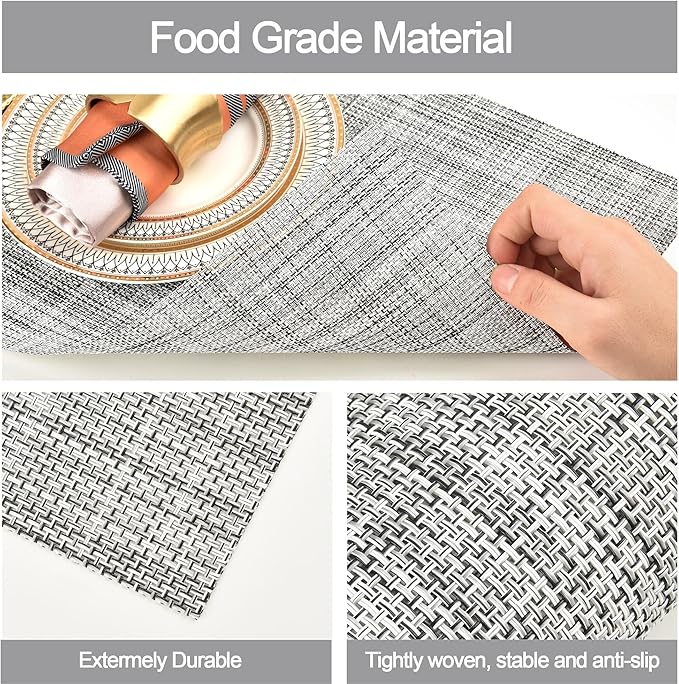 SLKQG Gray Placemats Set of 6 - Easy Clean Washable Vinyl Placemats - Wipeable Heat Resistant Table Mats for Dining Table - 17.7x11.8 Inch (6, Gray Black White)