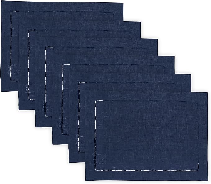 Solino Home Linen Cloth Placemats Set of 6-100% Pure Linen Hemstitch Navy Blue Placemats 14 x 19 Inch - Classic Hemstitch Table Place Mats for Mothers Day, Memorial Day