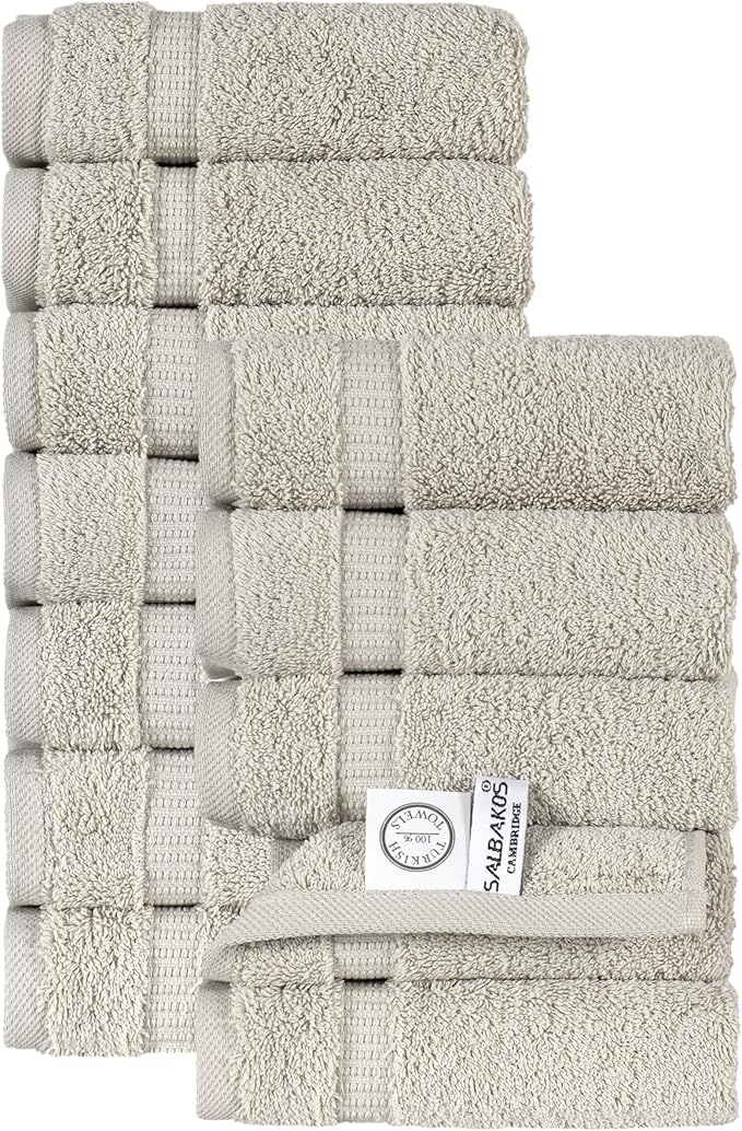 SALBAKOS 100% Turkish Cotton Washcloth Set of 12, 13x13 inch | Premium Quality | Hotel & Spa Collection | Ultra Soft, Super Absorbent, Wash Cloth Towels | Made in Turkey (Stone, 12 Washcloths)