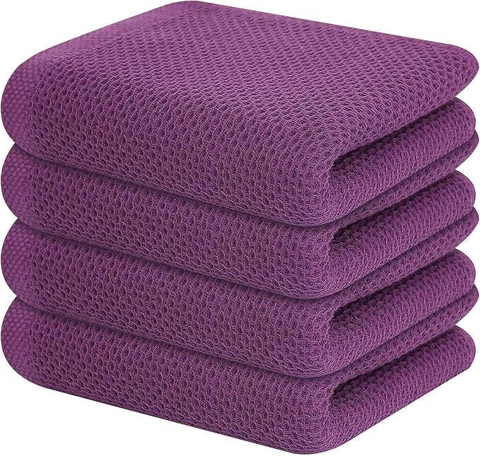 Kitinjoy 100% Cotton Waffle Weave Kitchen Hand Towels (13 x 28 Inches, Violet), 4-Pack Super Soft and Absorbent Dish Towels for Drying Dishes