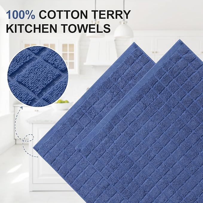 Homaxy Premium Cotton Kitchen Towels 16"x 28", Large Natural Ring Spun 390 GSM Dish Towels, Super Absorbent Terry Kitchen Hand Towels, Soft Tea Towels with Hanging Loop, Pure Navy Blue Design, 6 Pack