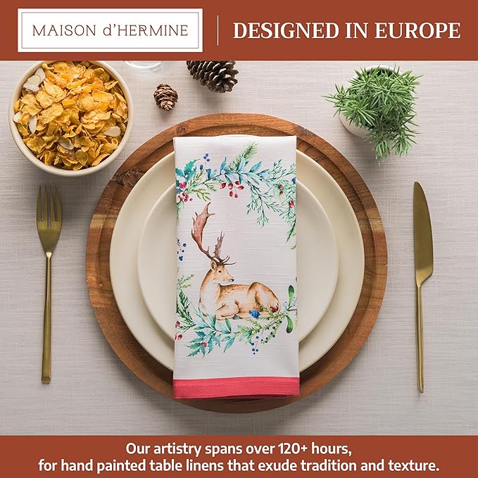 Maison d' Hermine Cloth Napkins Set of 4 100% Cotton for Thanksgiving Christmas Decorations Everyday Reusable Square Fall Napkins Cloth Washable Dinner Party (Holly Time, 20"x20")