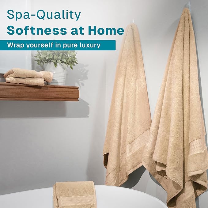 Fabdreams 100% Organic Cotton Bath Towel Set of 6 700 GSM Hotel Premium Plush Absorbent Soft Durable Skin-Friendly Spa Quality Bathroom Comfort with 2 Bath 2 Hand Towels and 2 Wash Cloths Dune Tan